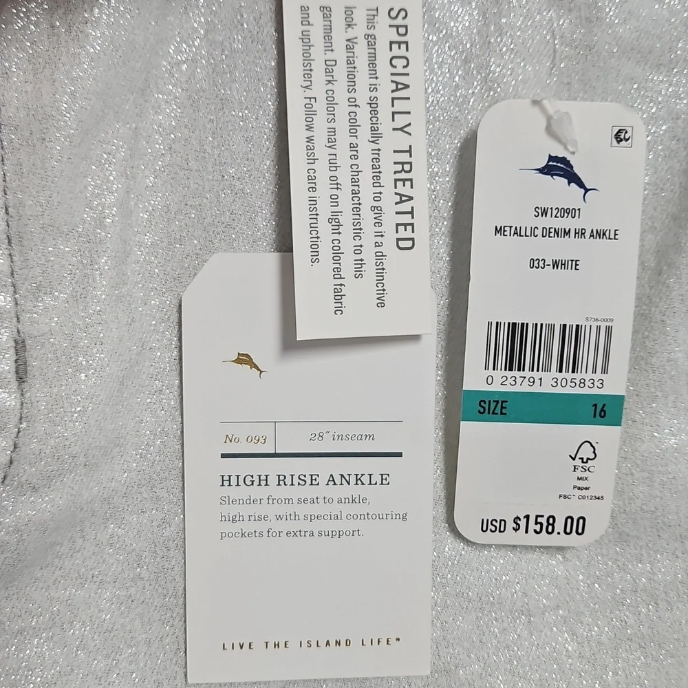 Tommy Bahama Metallic High Rise Ankle Denim: Metallic White/Silver: Size- 16 - Picture 4 of 16